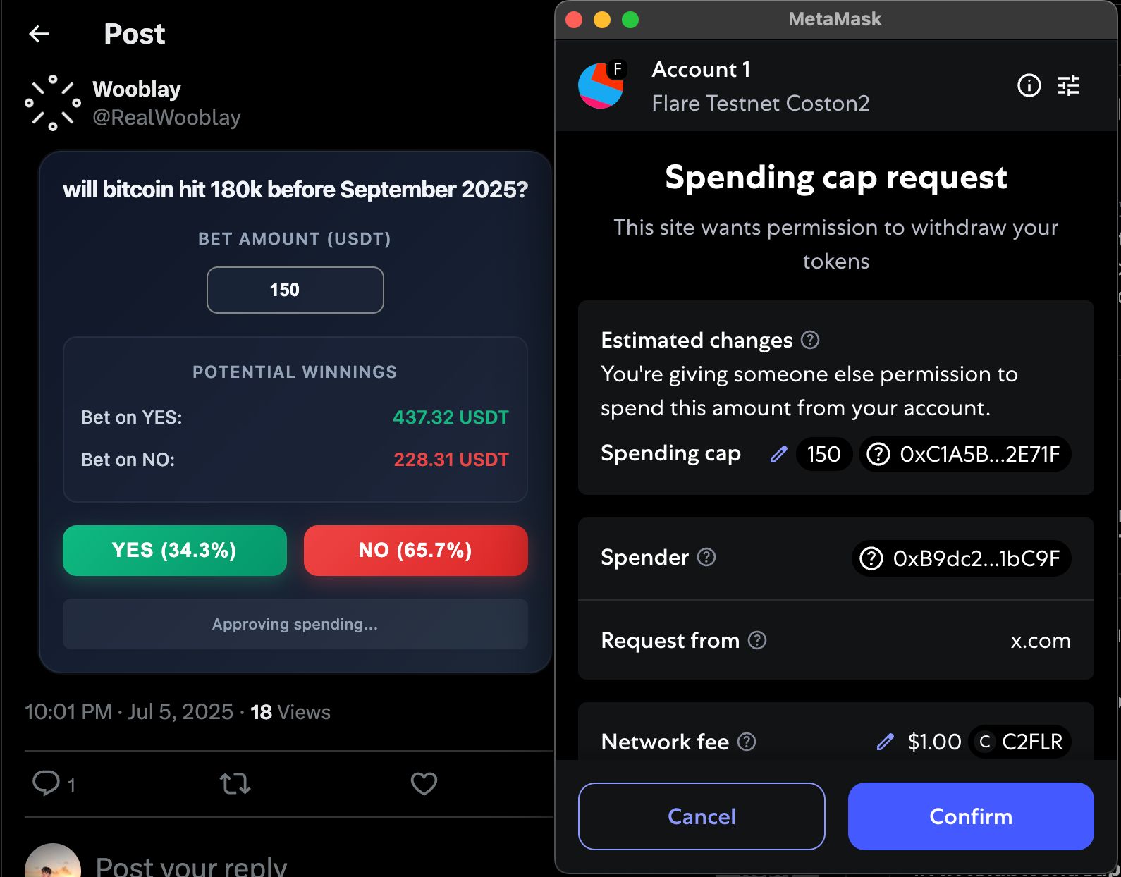 Prove Me Wrong market embedded in X with Flare wallet approval